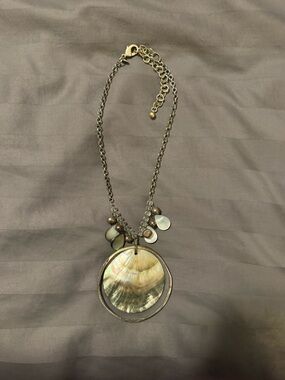 Chico's Iridescent Mother-of-Pearl Pendant Necklace with Bronze Accents